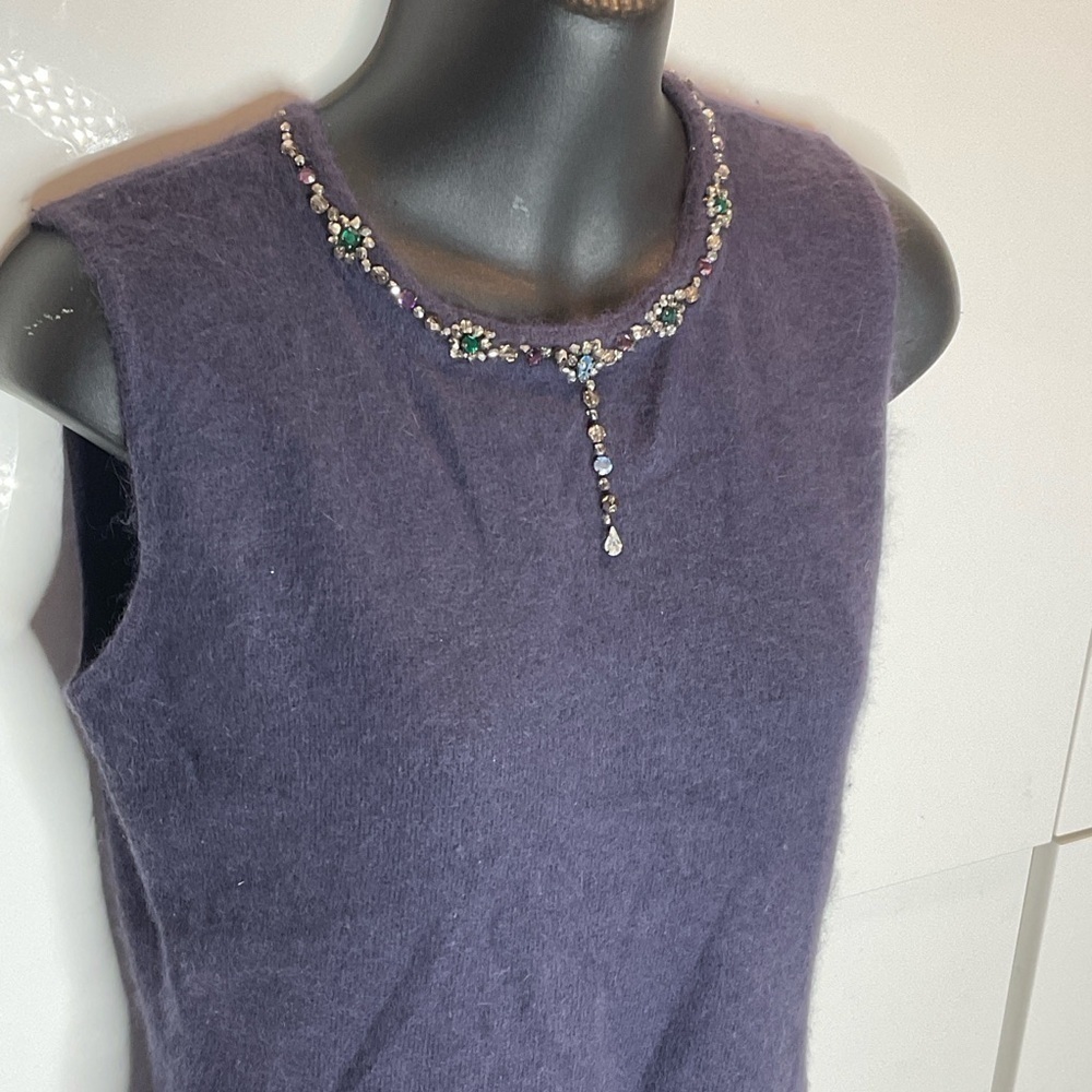 Vintage pure cashmere smoky grey sleeveless sweater w/ glass rhinestone small - Picture 4 of 8